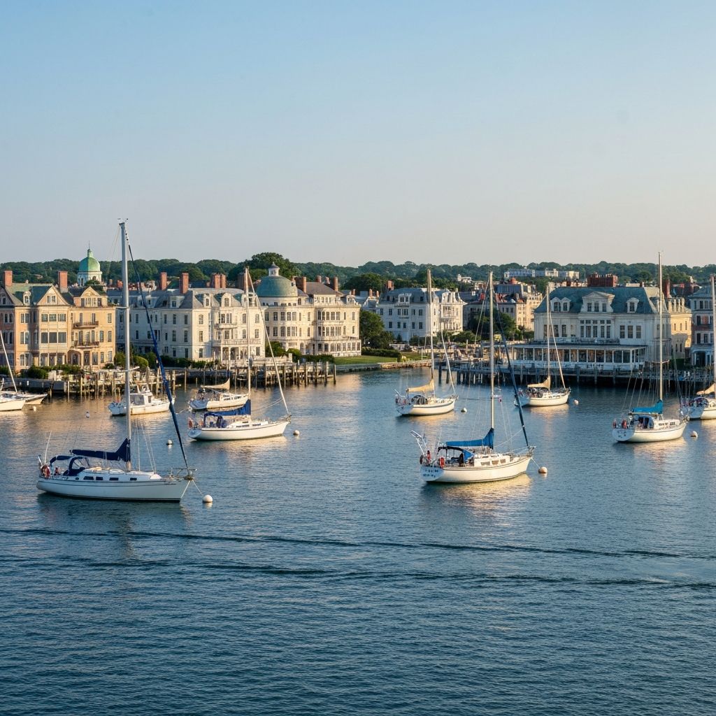 Newport Rhode Island harbor with sailboats and historic mansions